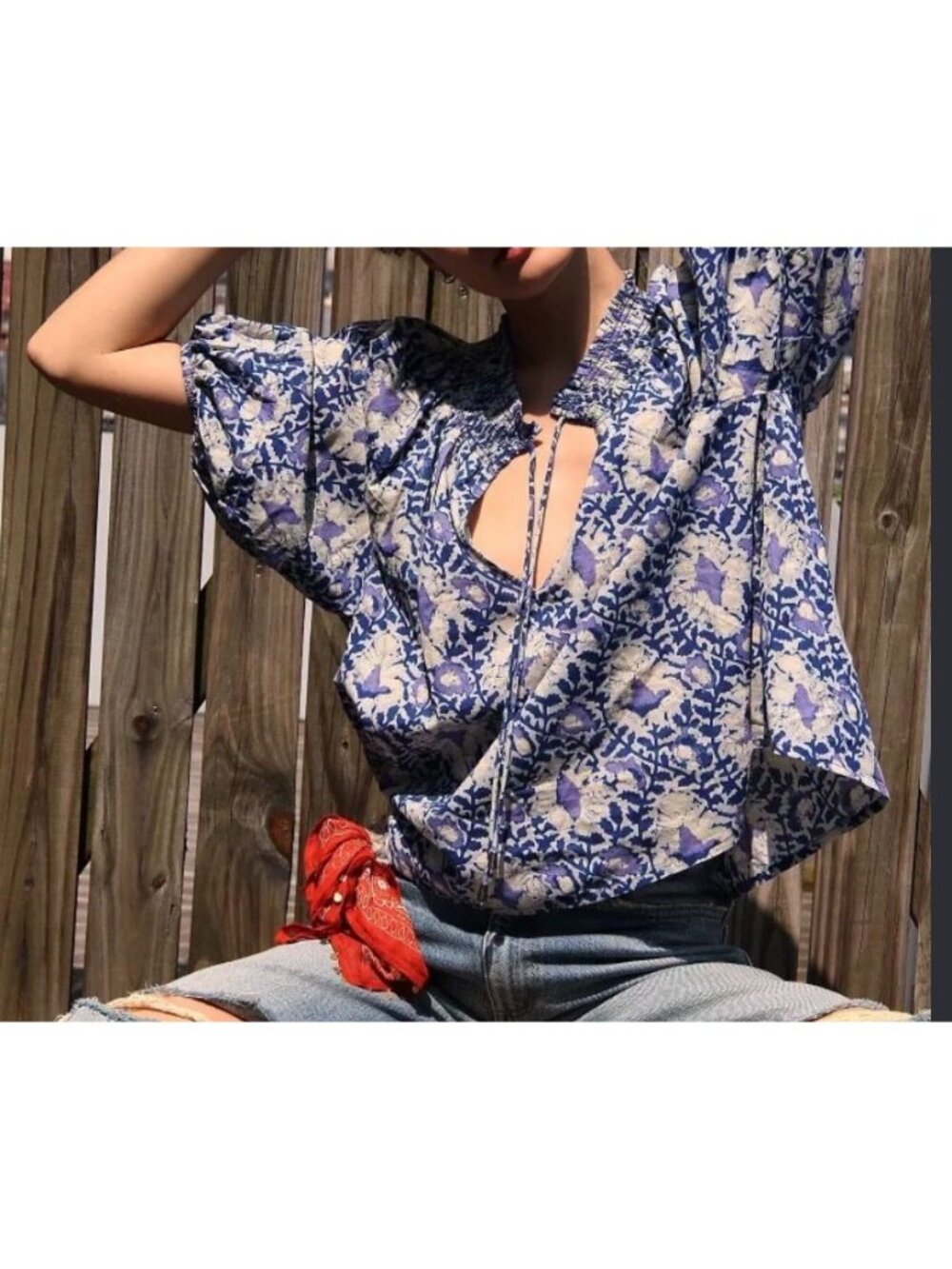 Free People Willow Blue White Floral Smocked Neck Peasant Blouse Top XL Cotton